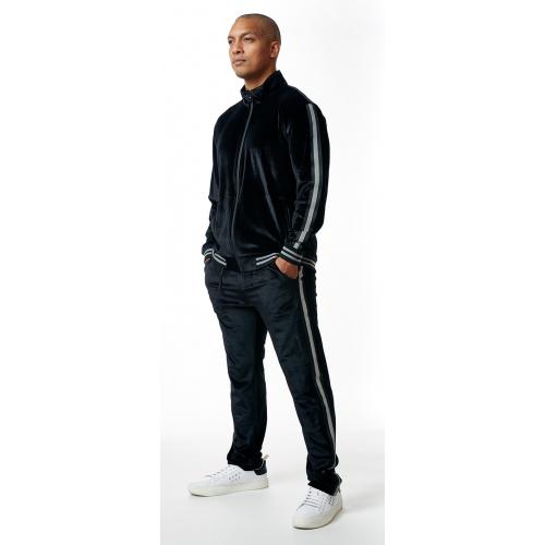 Stacy Adams Black / White Cotton Blend Velour Modern Fit Tracksuit Outfit 2578